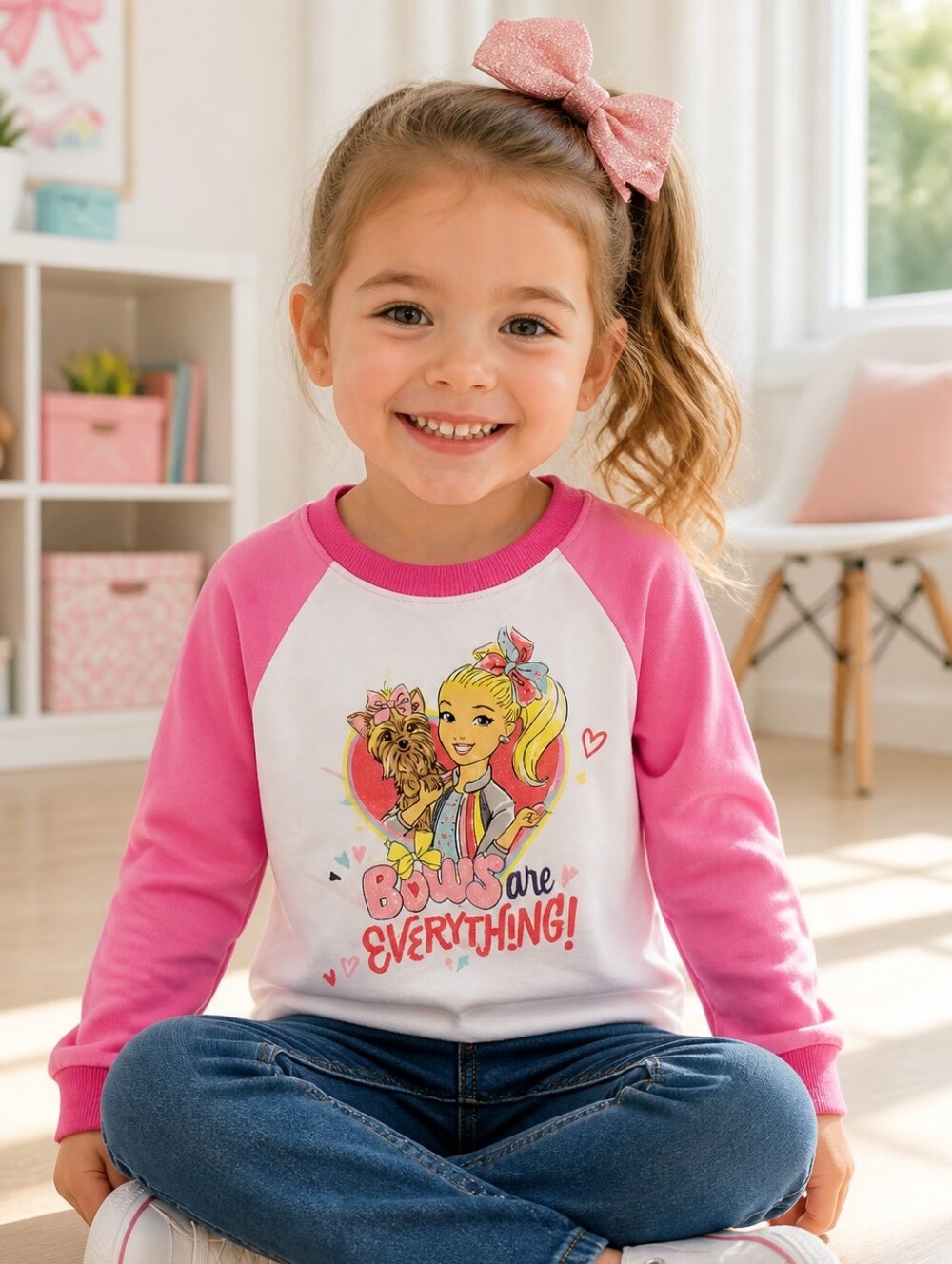 JoJo Siwa Girls 3T Bows Are Everything Pink Glitter Yorkie Fleece Sweatshirt